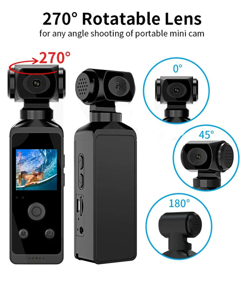 Mini Action Camera with 270° Rotatable Lens – Full HD Pocket Cam for Travel, Sports & Vlogging